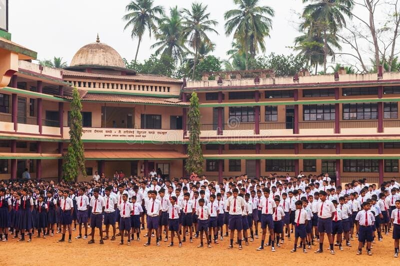 schoolboys near school building india goa india february schoolboys meeting near school building india 193769319